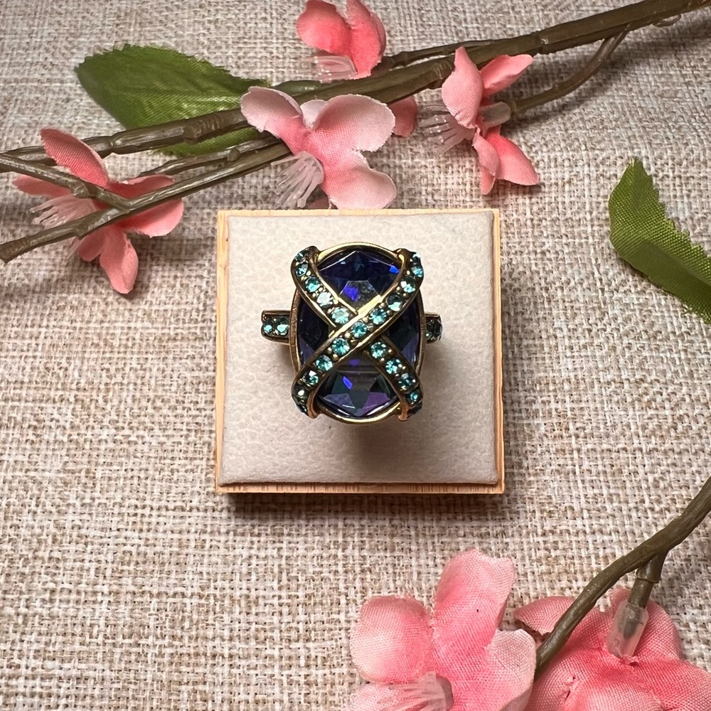 SZ 7 | Heidi Daus Vintage Gold, Teal, & Blue Oval-Cut Crystal Diamond Ring